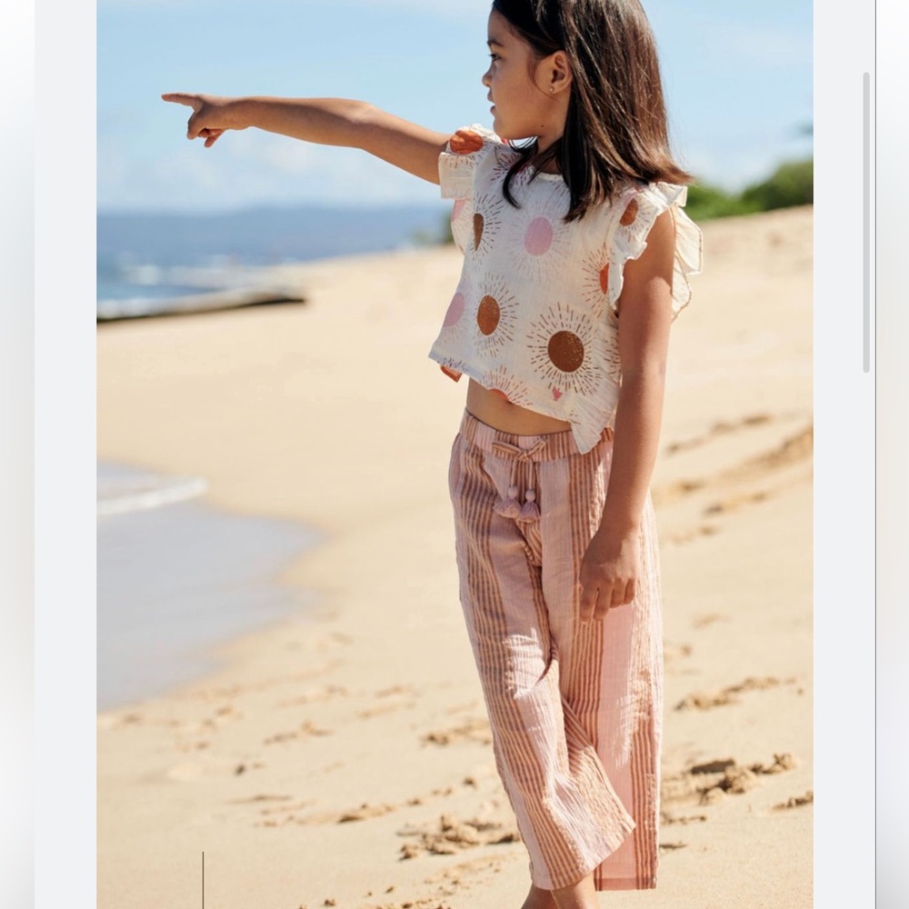 Pink chicken sunrise Ingrid top and Theodore stripe pant set